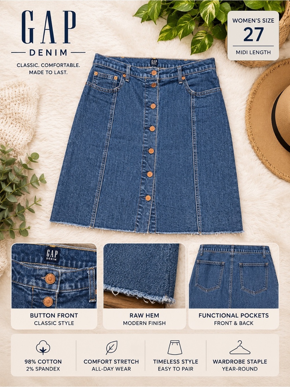 GAP Denim Button Front Midi Skirt Women’s Size 27 Raw Hem Stretch Blue Jean